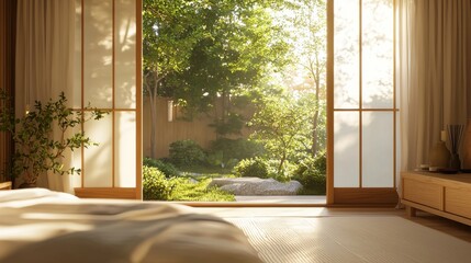 Poster - A bedroom with a large window that lets in sunlight and a view of a garden