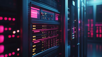 Poster - A computer server room with many servers and a pink hue