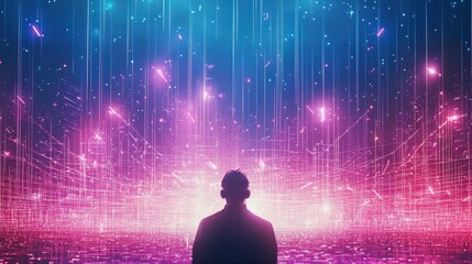 Poster - A silhouette of a person gazing at a vibrant digital landscape filled with colorful particles and beams of light, symbolizing innovation and the future.