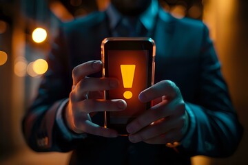 Poster - Businessman holding smartphone with glowing exclamation mark warning sign on screen, cybersecurity threat concept. Dark atmospheric photo perfect for digital safety campaigns.