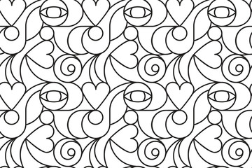 Wall Mural - outline geometric seamless pattern with hearts and eye. black white abstract background or texture f