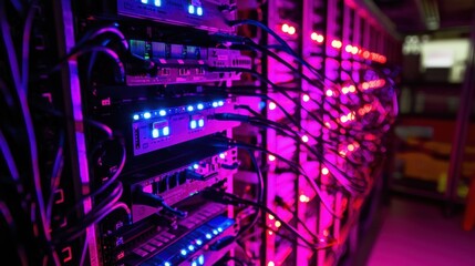 Poster - A row of computer servers with purple lights on them