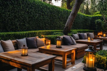 Wall Mural - A serene outdoor seating area with wooden tables, cozy cushions, surrounded by tall hedges and ambient lantern lighting