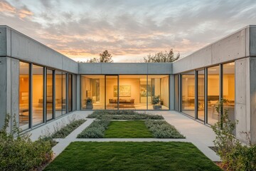 Wall Mural - A serene rectangular home with light gray concrete, narrow glass panels, and a central green courtyard