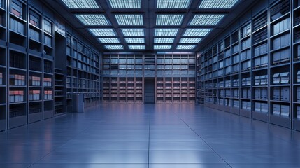Poster - A large, empty room with shelves full of books