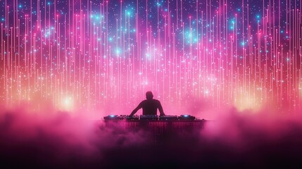 Poster - A vibrant and dynamic DJ performance with colorful lights and fog creates an electrifying atmosphere, perfect for nightlife and music events.