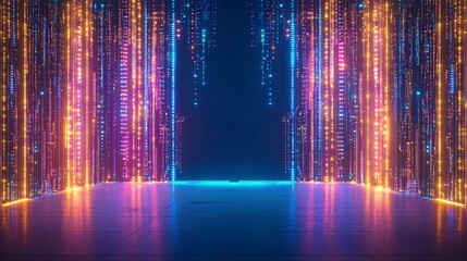 Poster - A vibrant digital corridor filled with neon lights, symbolizing innovation and futuristic technology. Perfect for tech-themed projects.