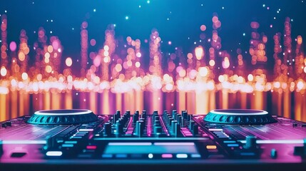Poster - A vibrant DJ console illuminated by colorful lights, creating an energetic atmosphere for music lovers and partygoers. Perfect for nightlife and events.