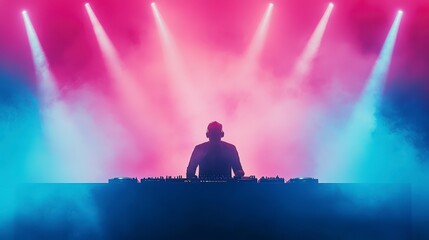 Poster - A vibrant DJ performing in a lively atmosphere, surrounded by colorful stage lights and fog. The energetic crowd feels the rhythm of the music.