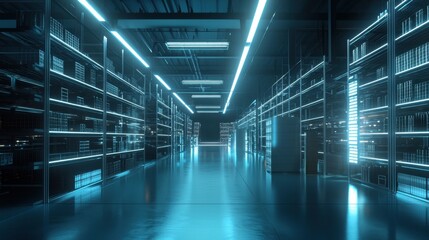 Poster - A large, empty room with blue lighting and shelves