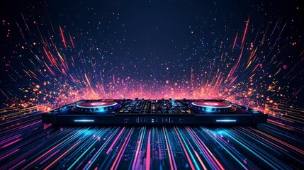 Poster - A vibrant DJ setup radiating energy with colorful lights and dynamic sound waves, perfect for capturing the essence of a lively party atmosphere.