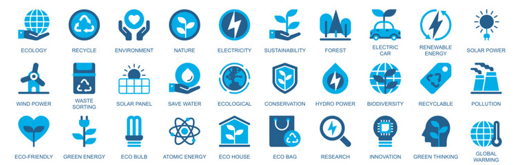 Leinwandbilder - Ecology icon set in flat duotone solid icons web design. Pack pictograms with recycle, environment, nature, electricity, sustainability, forest, electric car, renewable, other. Vector illustration.