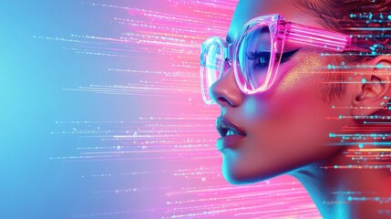 Poster - A vibrant portrait of a confident woman wearing stylish glasses, with colorful light streaks creating a sense of futuristic energy and allure.