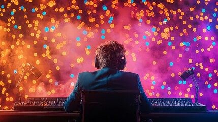 Poster - A vibrant scene featuring a focused individual at a gaming setup, surrounded by colorful lights and a lively atmosphere, perfect for capturing modern tech culture.