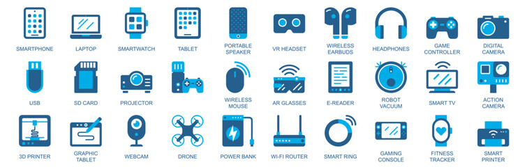 Poster - Tech gadgets icon set in flat duotone solid icons web design. Pack pictograms with smartphone, laptop, smartwatch, tablet, portable speaker, vr headset, wireless earbuds, other. Vector illustration.