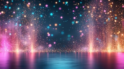 Poster - A vibrant, colorful display of lights and sparkles reflected in calm water, creating a magical and dynamic atmosphere. Perfect for celebrations or events.