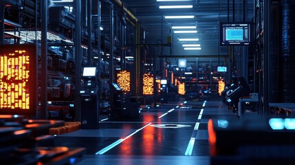 Poster - A futuristic warehouse with a neon sign that says 