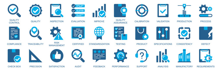 Poster - Quality control icon set in flat duotone solid icons web design. Pack pictograms with inspection, evaluation, assurance, calibration, validation, production, audit, defect, other. Vector illustration.