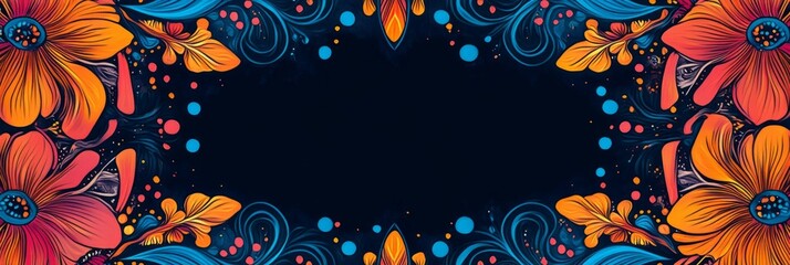 Poster - Colorful, stylized flowers and leaves forming a decorative frame on a dark background, creating a vibrant and psychedelic border with an empty space in the center