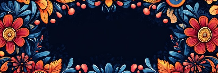 Poster - Vibrant floral border creating a frame on a dark background, offering ample copy space for text or design elements
