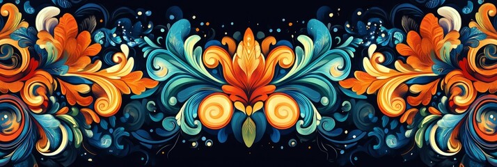 Poster - Vibrant floral ornament with intricate swirls and flourishes creating a decorative pattern on a dark background
