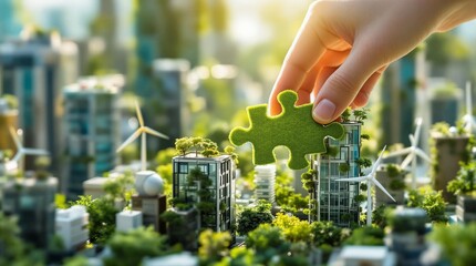 Poster - a hand holding a green puzzle piece over a cityscape, symbolizing the integration of green technology or sustainable practices into urban development. The scene is set against a backdrop of modern bui