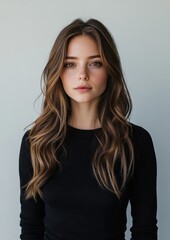 Poster - Young Woman with Long Hair Wearing Black Top Posing Against a Light Backdrop Showcasing Natural Beauty and Relaxed Expression for Portrait Photography