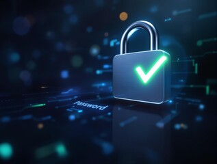 Aufkleber - a digital security concept with a metallic padlock icon and a green checkmark, symbolizing a secure connection or verified status. The background is a dark, technology-themed environment with bokeh li