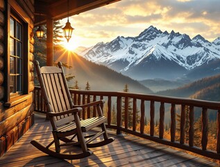 Aufkleber - a wooden rocking chair on a balcony with a beautiful mountain range and sunset in the background. The sky is filled with warm hues of orange and yellow, creating a serene and picturesque scene.