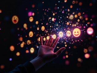 Aufkleber - a hand reaching out towards a cloud of colorful emojis, creating a vibrant and interactive visual effect.