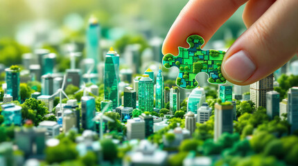 Poster - a hand placing a green block onto a model of a cityscape with buildings and trees. The background is blurred with a soft, greenish hue, emphasizing the hand and block.