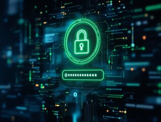 Aufkleber - a digital representation of a lock with a green glow, situated against a background filled with green and blue glowing lines and symbols, conveying a sense of security in a digital context.