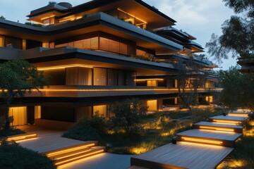 Wall Mural - A sleek apartment building with layered terraces, wooden details, and softly illuminated pathways