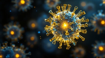 Aufkleber - a 3D rendering of a virus particle with a glowing appearance against a dark background, giving it an ominous and dramatic look.