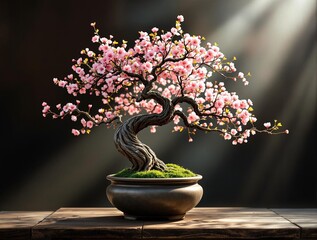 Poster - A bonsai tree with pink flowers is displayed on a table, casting a warm glow from behind, creating a serene and captivating scene.