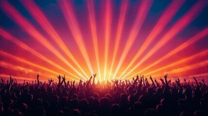 Poster - Vibrant concert atmosphere with enthusiastic crowd amidst colorful light rays, capturing the energy and excitement of live music events at night.