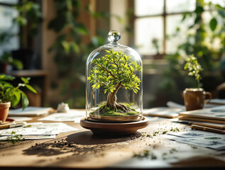 Fototapete - a small tree encased in a glass dome with a wooden base, placed on a table surrounded by various plants. The background features a window with sunlight streaming in, creating a warm and serene atmosph