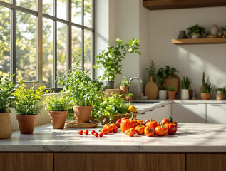 Poster - a kitchen counter with several potted plants and a pile of ripe tomatoes. The background features a large window, allowing natural light to fill the room.