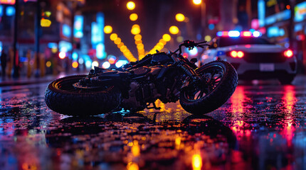 Poster - a motorcycle parked on a wet street at night, with lights from vehicles in the background. The street appears to be slick with rain, and the lighting creates a reflective surface on the ground.