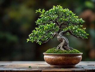 Poster - a bonsai tree with dense green foliage, sitting in a pot on a wooden surface. The background is blurred, suggesting a natural outdoor setting with greenery.