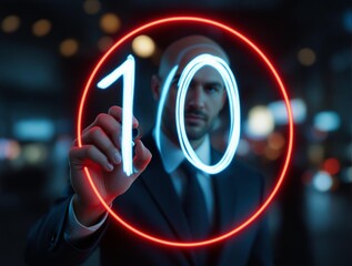 Aufkleber - A man is pointing at the number ten in a red circle. 
