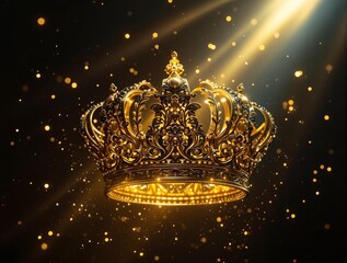 Poster -  a golden crown on a black background. The crown is ornate, with intricate designs and a luxurious appearance.