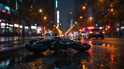 Poster - a motorcycle lying on its side on a wet street, surrounded by a cityscape with neon lights and rain.