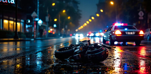 Poster - a rainy city street at night with a pair of boots lying on the wet pavement. In the background, there are cars with their headlights on, creating a blurred effect.