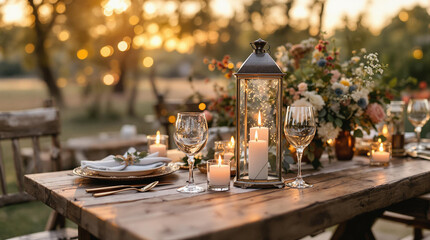 Fototapete - a rustic outdoor dining setting with a wooden table, white plates, and candles in iron lanterns. The scene is set during sunset, creating a warm and inviting atmosphere.