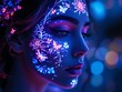 © Justice - a close-up of a woman's face with neon blue and pink lights illuminating her skin, creating a vibrant, artistic effect. The background appears to be blurred with bokeh lights, enhancing the focus on t
