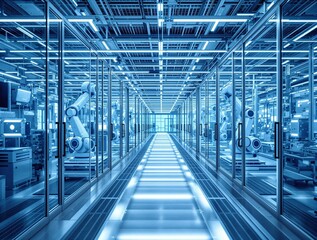 Poster - a modern industrial facility with a long, narrow corridor lined with transparent glass walls and illuminated by bright, blue lights. The corridor appears to be a part of a factory or a research center