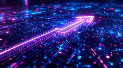 Poster - a digital, futuristic representation of a rising arrow, symbolizing growth or progress, set against a vibrant background of purple and blue lights, indicating advanced technology or digital connectivi