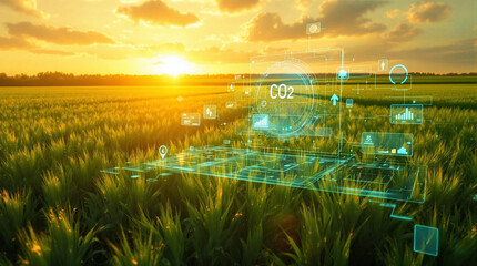 Poster - a green field with a laptop computer on it, surrounded by greenery and a bright sunset in the background. There are also some digital elements overlaid on the image, including a grid and some icons.