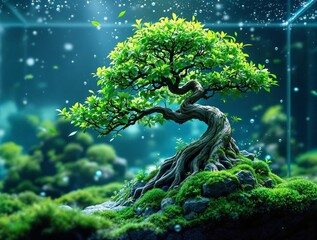 Aufkleber - a bonsai tree with green leaves and roots, placed within a glass enclosure filled with moss. The surrounding area is adorned with green moss and small plants, creating a serene and natural environment